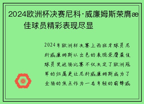 2024欧洲杯决赛尼科·威廉姆斯荣膺最佳球员精彩表现尽显